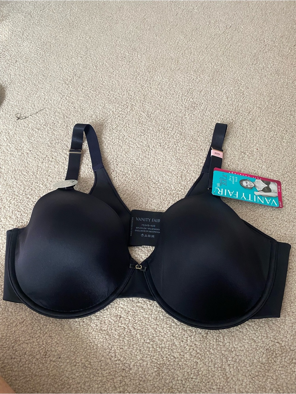 VANITY FAIR BEAUTY BACK UNDERWIRE SMOOTH BRA- BLACK-40 D- NEW WITH TAGS